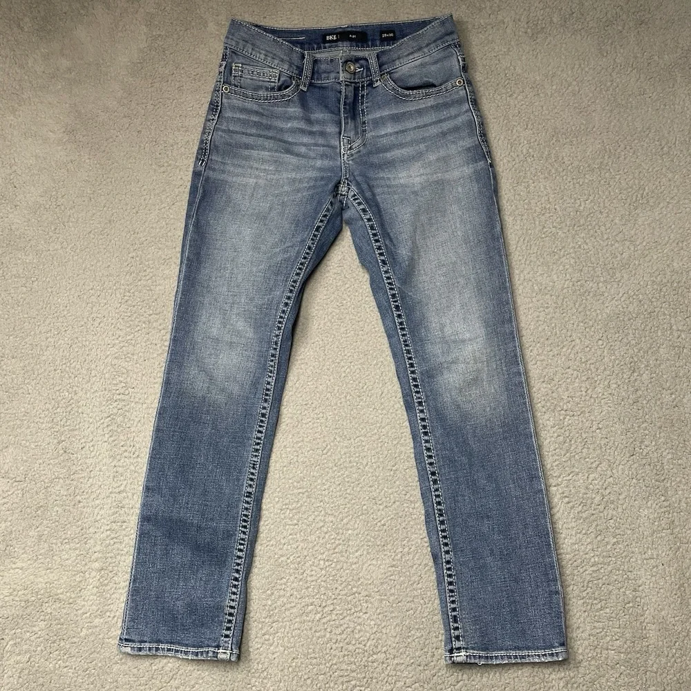 BKE Buckle Alec Jeans Straight Leg Stretch Blue Denim Whiskered Mens 29x30